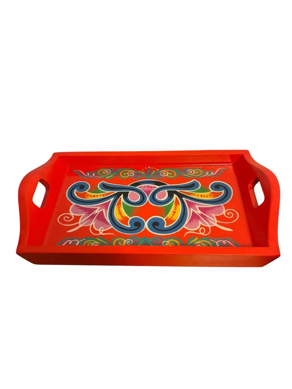 Vintage Red Wooden Rosemaling Serving Tray Hand Painted Floral Folk Art Handle